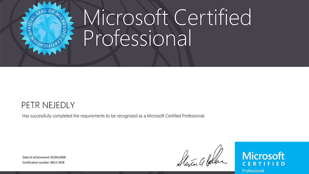 Microsoft Certified Professional - Web Applications issued to Petr Nejedlý