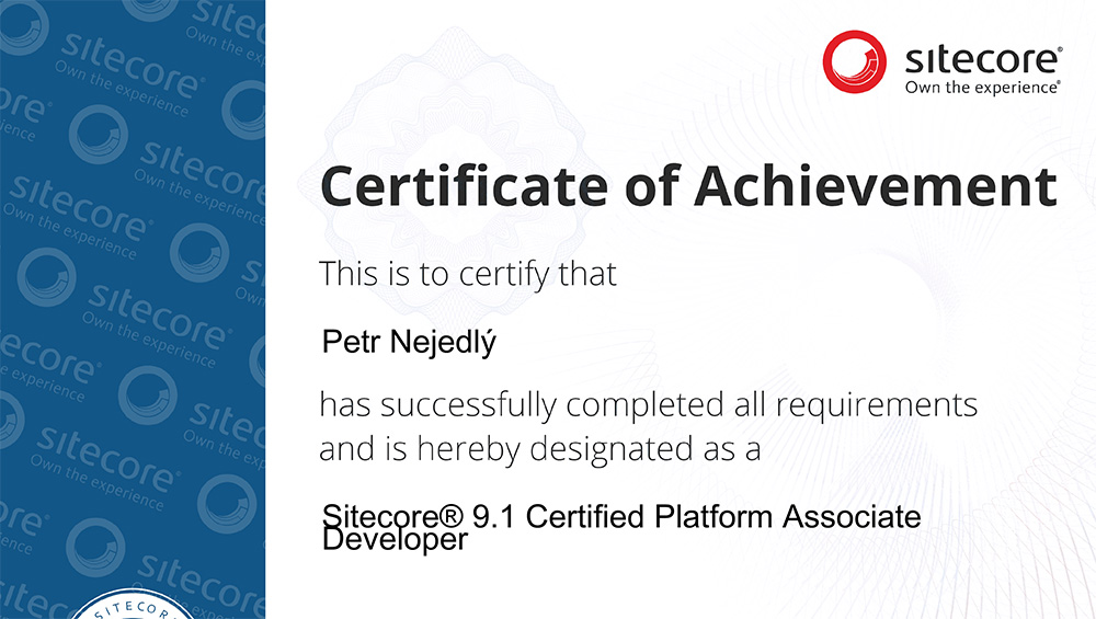 Sitecore 9.1 Certified Platform Associate Developer issued to Petr Nejedlý