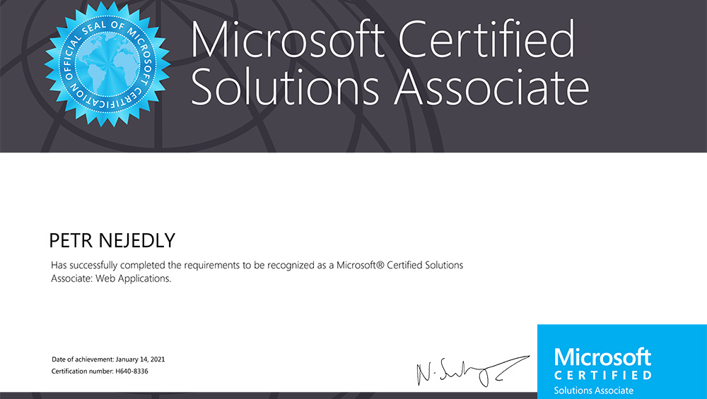 Microsoft Certified Solutions Associate - Web Applications issued to Petr Nejedlý
