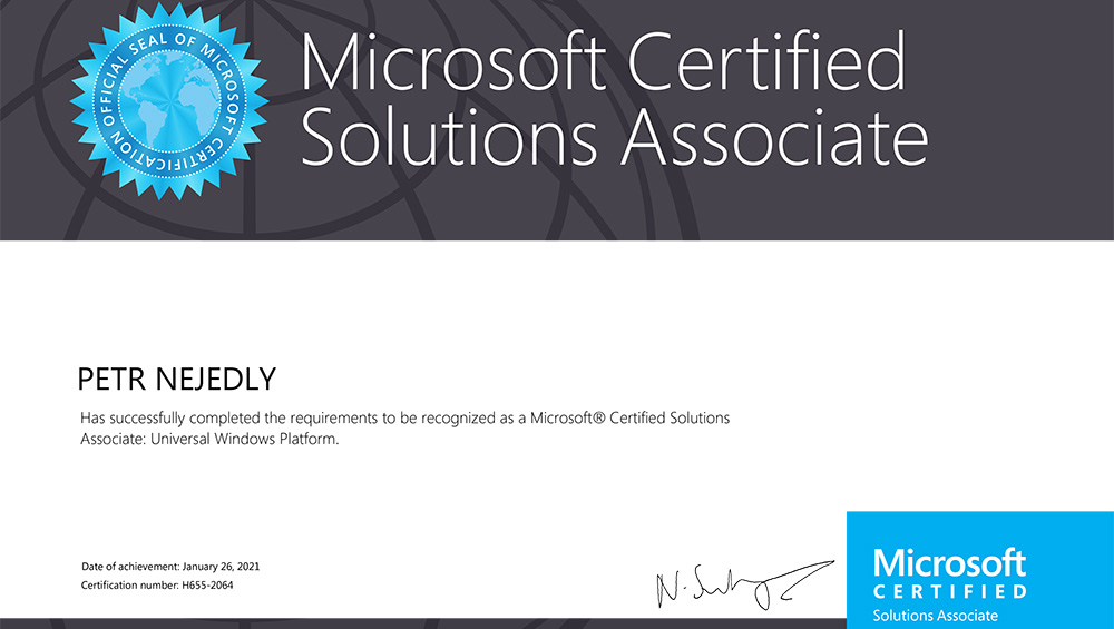 Microsoft Certified Solutions Associate - Universal Windows Platform issued to Petr Nejedlý