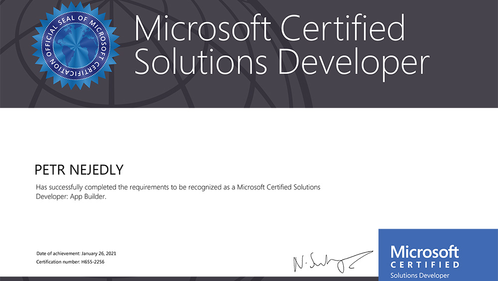 Microsoft Certified Solutions Developer - App Builder issued to Petr Nejedlý